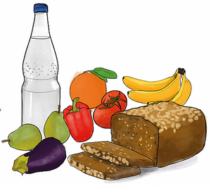 Verschiedene gesunde Lebensmittel: Wasser, Obst, Gemüse und Vollkornbrot. Dazu gehören Birnen, Orange, Bananen, Tomaten, Paprika und Aubergine.