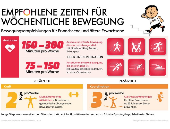 Die Grafik zeigt Bewegungsempfehlungen für Erwachsene, modifiziert nach den Empfehlungen der Weltgesundheitsorganisation (WHO): 150 bis 300 Minuten körperliche Aktivität pro Woche, zweimal Muskelkräftigung und im Alter zusätzlich Gleichgewichtstraining.