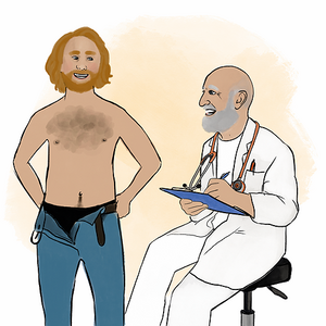 Eine Person steht bei einer ärztlichen Untersuchung. Die Hose ist geöffnet, damit der Bauch untersucht werden kann. Daneben sitzt eine Ärztin oder ein Arzt mit einem Klemmbrett und macht Notizen. Das Bild zeigt eine Untersuchung beim Urologen.