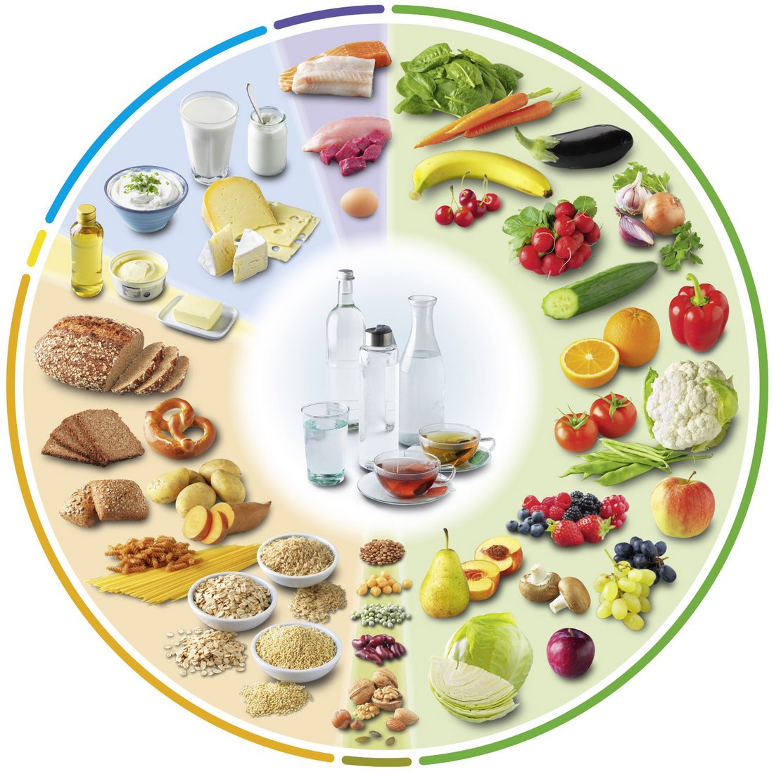 Der Ernährungskreis der DGE zeigt sieben Lebensmittelgruppen und ihre empfohlenen Anteile für eine ausgewogene Ernährung.