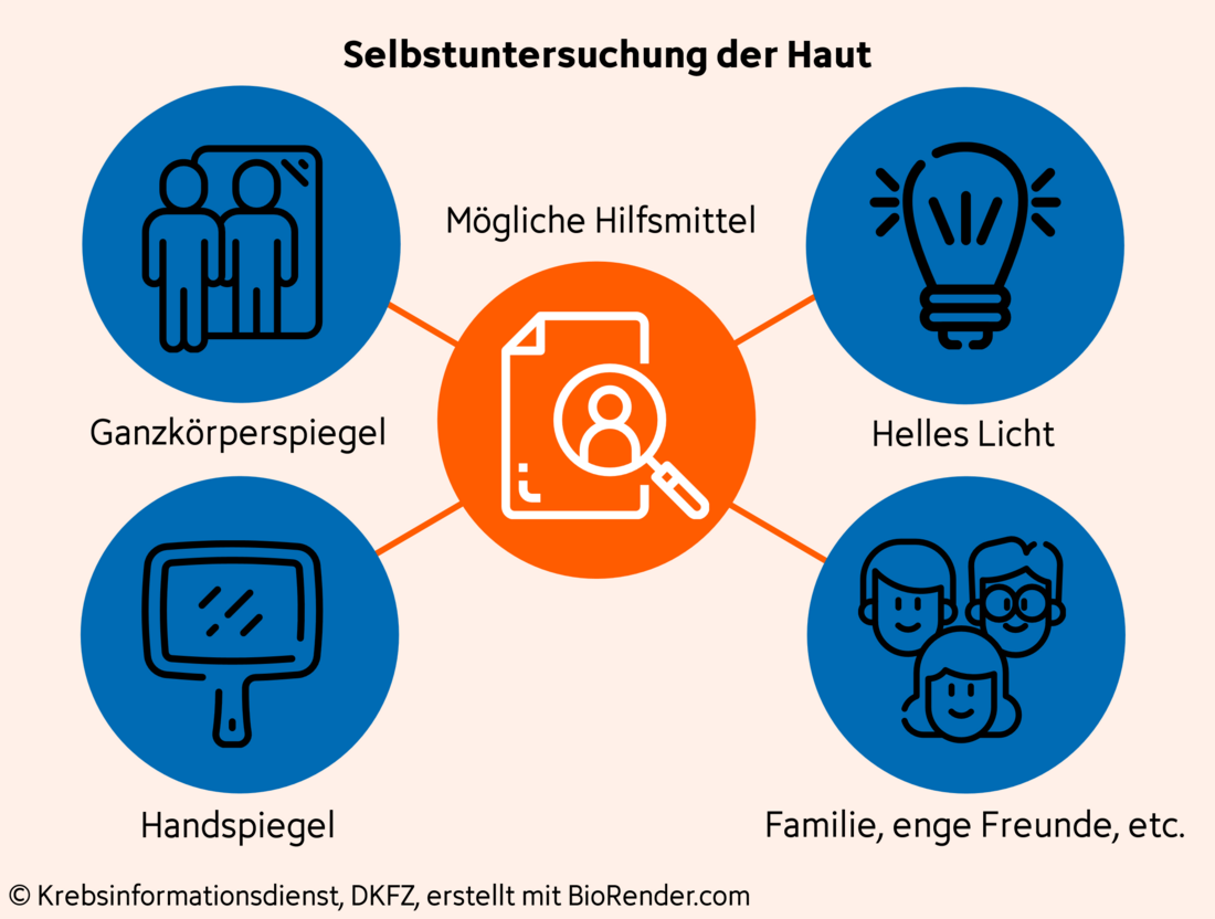 Darstellung mit Icons für mögliche Hilfsmittel wie Ganzkörper- oder Handspiegel und helles Licht zur Selbstuntersuchung der Haut